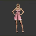 Woman Posing in Pink Dress with Hands on Hips Against Gray Background