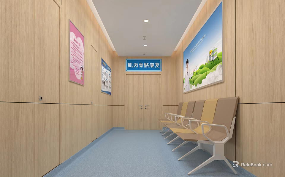 City Maternity Rehabilitation Corridor With Wooden Walls Posters Seats And Blue Floor 3d model 