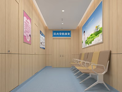 City Maternity Rehabilitation Corridor With Wooden Walls Posters Seats And Blue Floor 3d model