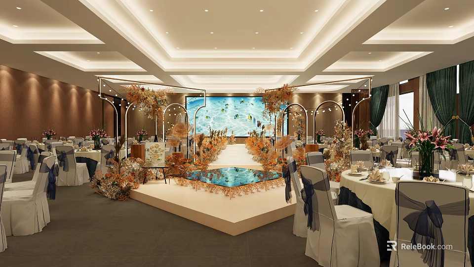 Elegant Decorated Banquet Hall With Central Stage Floral Arrangements Dining Tables Chairs And Ceiling Lights 3d model 