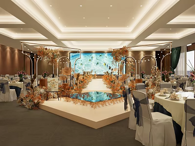 Elegant Decorated Banquet Hall With Central Stage Floral Arrangements Dining Tables Chairs And Ceiling Lights 3d model