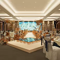 Elegant Decorated Banquet Hall With Central Stage Floral Arrangements Dining Tables Chairs And Ceiling Lights