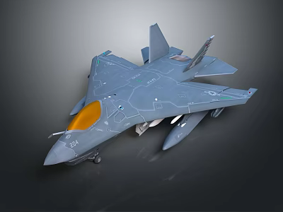 Gray Fighter Jet 3D Model With Yellow Cockpit And Weapons Under Wings 3d model