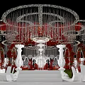 Elegant Banquet Hall Interior With Grand Crystal Chandelier Red Floral Decor And White Columns