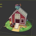 Chicken Perched On Red Barn Roof With Green Grass Path And Stones