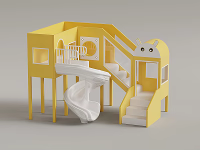 Yellow Children's Play Equipment with Two Level Platform Slide Staircase and Cat Face Design 3d model