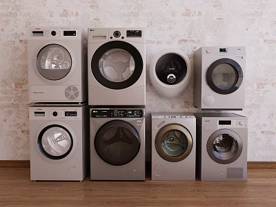 Modern Front Loading Washing Machines Displayed Against Brick Wall Wooden Floor 3d model