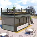 Shipping Container Building as Milk Tea Shop with Second Floor Balcony Railing Tables Chairs Plants