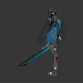 Game Movie Character Robot Warrior In Silver Metallic Armor With Glowing Blue Sword Arms Outstretched