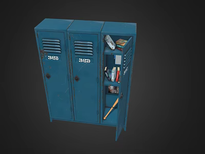 Blue Metal Lockers With Numbered 205 206 Open Compartment Holding Books Files And Baseball Bat 3d model