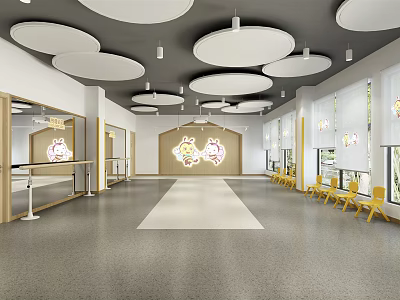 Spacious Fitness Gym With Round Ceiling Lights Light Walls Gray Flooring And Yellow Chairs 3d model