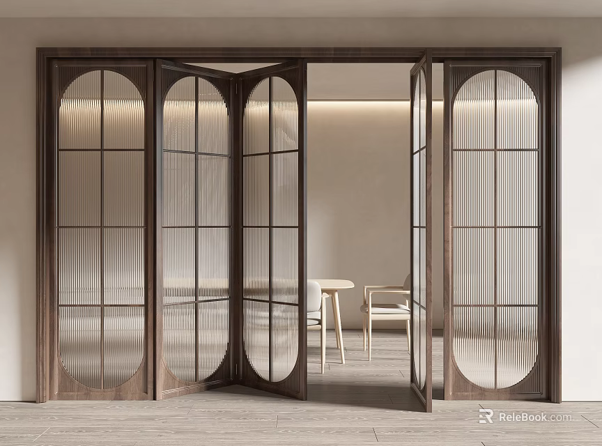 Modern Folding Doors With Glass And Wooden Frame In Interior Space 3d model 