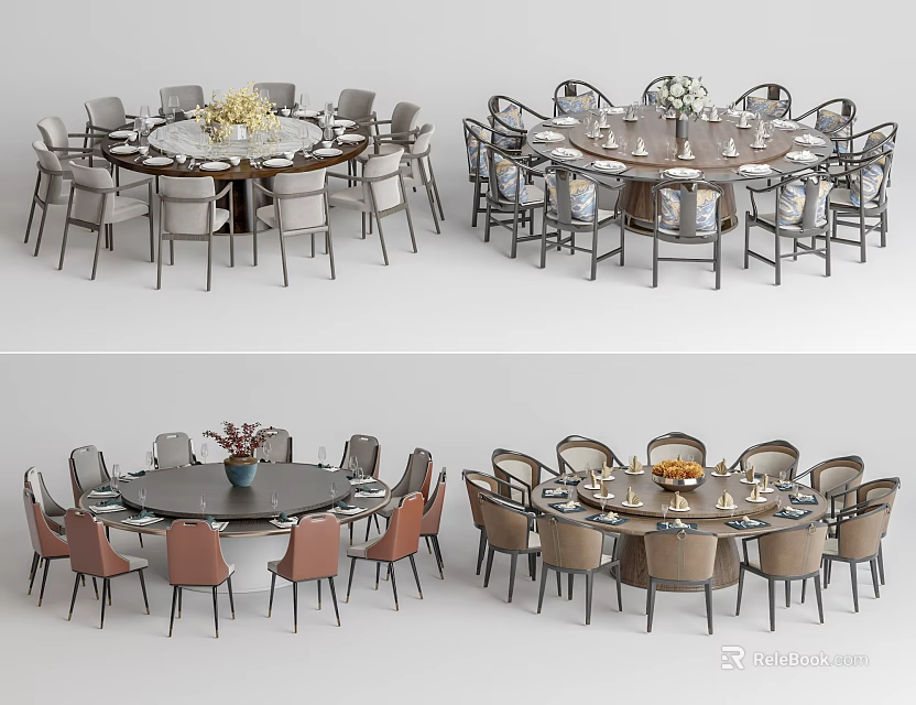Round Dining Table Set With Various Colored Chairs And Decorative Centerpieces 3d model