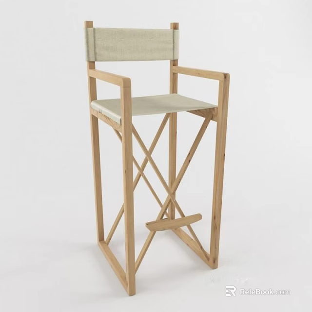 Wooden Bar Stool with Crossed Legs Armrest and Light Linen Upholstery 3d model 
