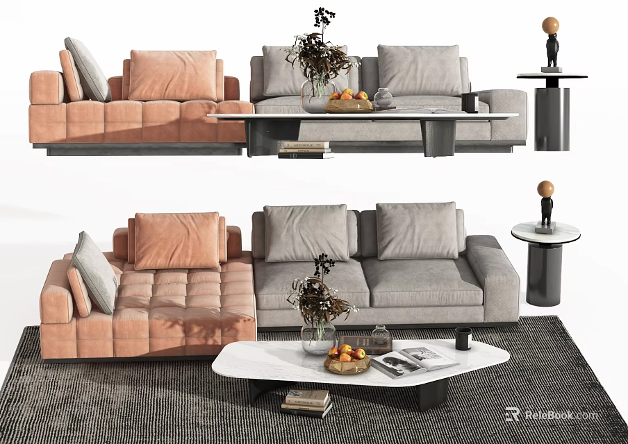 Pink Gray Sectional Sofa in Modern Living Room with Coffee Table Fruits Vase Magazines Sculpture 3d model 