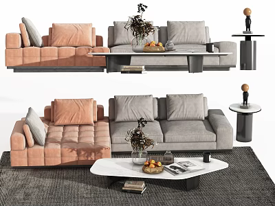 Pink Gray Sectional Sofa in Modern Living Room with Coffee Table Fruits Vase Magazines Sculpture 3d model