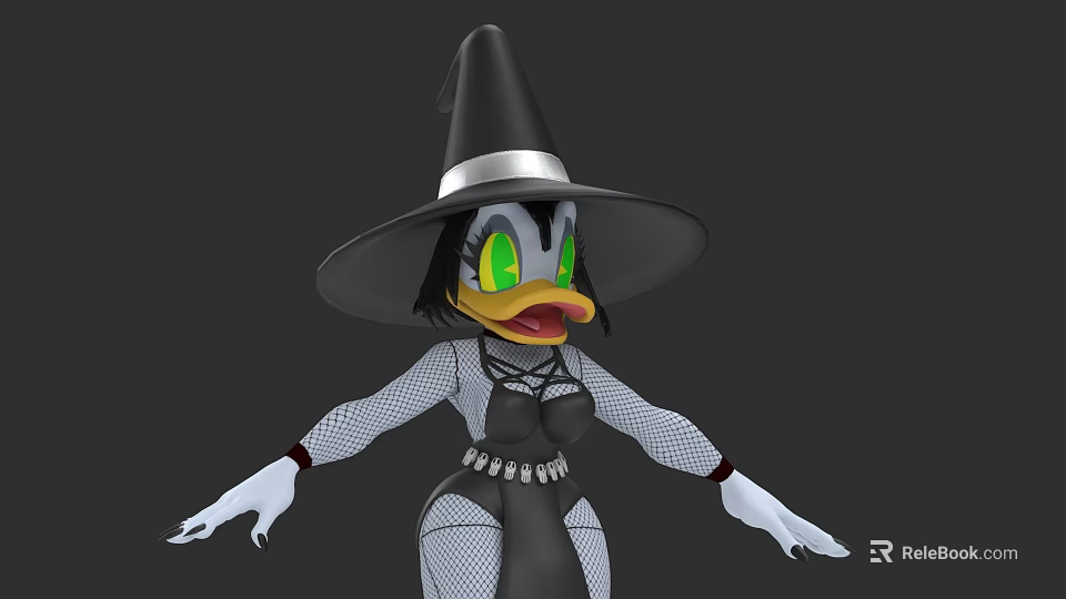 Woman in Witch Hat with Fishnet Outfit Green Eyes and White Gloves 3d model 