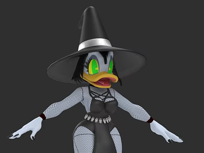 Woman in Witch Hat with Fishnet Outfit Green Eyes and White Gloves 3d model