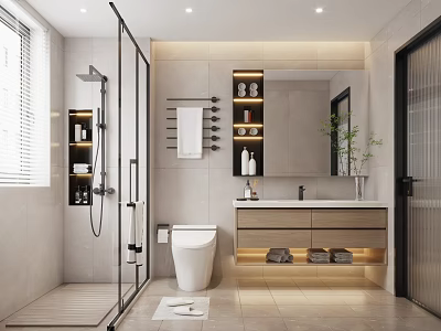 Modern Bathroom Interior Design With Glass Shower Toilet Vanity Mirror And Storage Cabinets 3d model