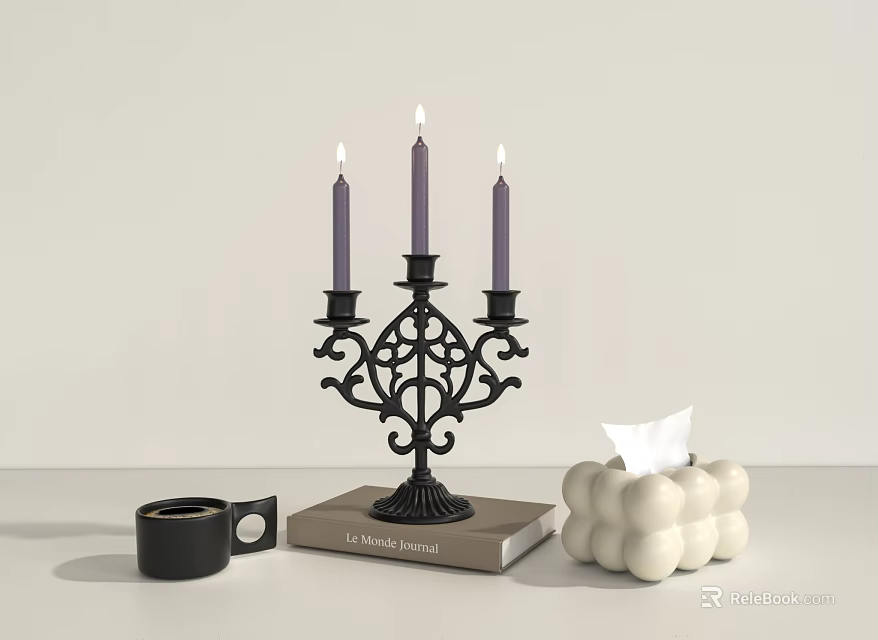Elegant Black Candelabra With Three Purple Candles On Book And White Spherical Tissue Box 3d model 