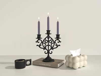 Elegant Black Candelabra With Three Purple Candles On Book And White Spherical Tissue Box 3d model