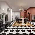 Stylish Clothing Store with Pink Walls Black White Checkered Floor Green Reception and Clothing Racks