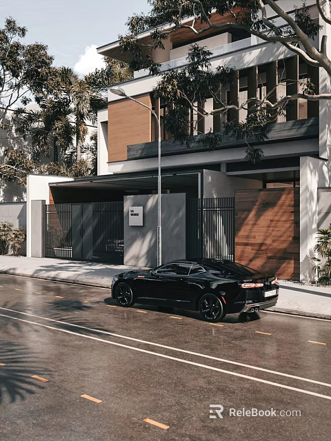 Modern Detached Villa Exterior With Wooden Elements And Black Car Parked Outside 3d model 