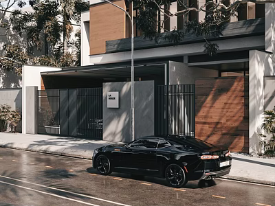Modern Detached Villa Exterior With Wooden Elements And Black Car Parked Outside 3d model