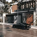 Modern Detached Villa Exterior With Wooden Elements And Black Car Parked Outside