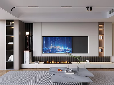 Modern TV Wall Interior Design With City View Screen And Built in Shelves 3d model