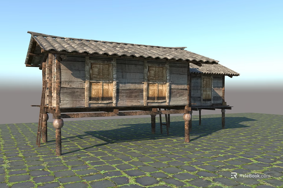Wooden Stilt House with Tile Roof Multiple Windows and Stone Brick Ground Surrounded by Grass 3d model 