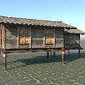 Wooden Stilt House with Tile Roof Multiple Windows and Stone Brick Ground Surrounded by Grass