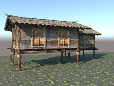 Wooden Stilt House with Tile Roof Multiple Windows and Stone Brick Ground Surrounded by Grass 3d model