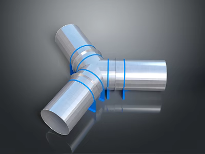 T Shaped Silver Colored Metal Pipe Fitting With Blue Rings On Black Reflective Surface 3d model