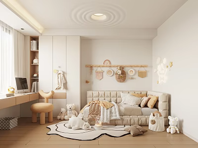Modern Kids Room Interior With Upholstered Daybed Stuffed Toys Study Desk Rug And Wall Decor 3d model