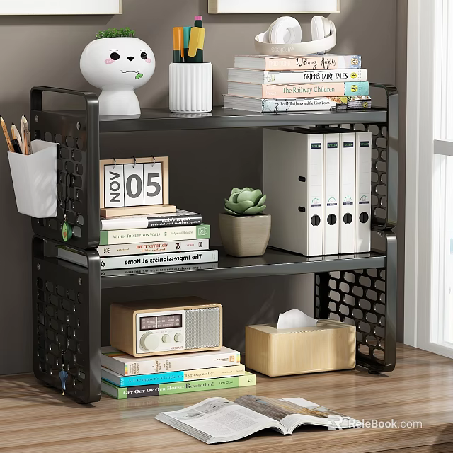 Black Perforated Metal Bookshelf for Home Office with Books File Folders Small Plant and Radio 3d model 