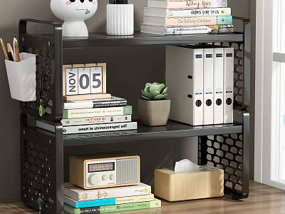 Black Perforated Metal Bookshelf for Home Office with Books File Folders Small Plant and Radio 3d model