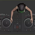 Person Wearing Cap Sleeveless Top Green Pants Holding Black DJ Controller With Extended Arms