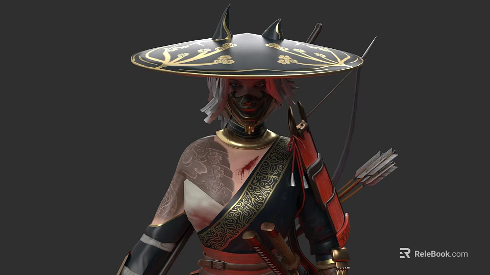 Woman Wearing Black Hat With Gold Mask Tattoos Black Red Outfit Carrying Quiver Arrows 3d model 