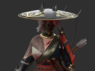 Woman Wearing Black Hat With Gold Mask Tattoos Black Red Outfit Carrying Quiver Arrows 3d model