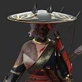 Woman Wearing Black Hat With Gold Mask Tattoos Black Red Outfit Carrying Quiver Arrows