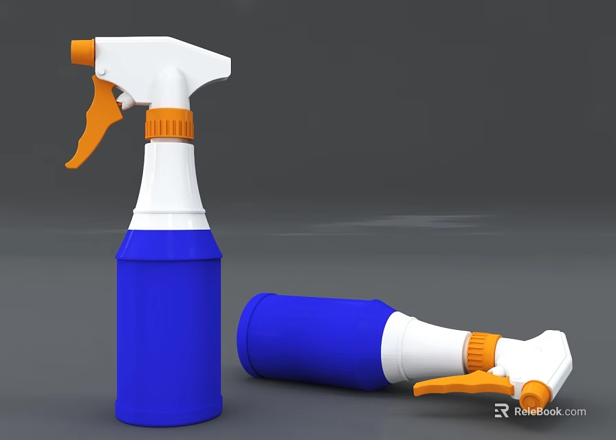 Household Spray Bottles With Blue White And Orange Design Standing And Lying 3d model 