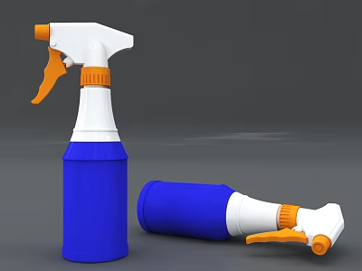 Household Spray Bottles With Blue White And Orange Design Standing And Lying 3d model
