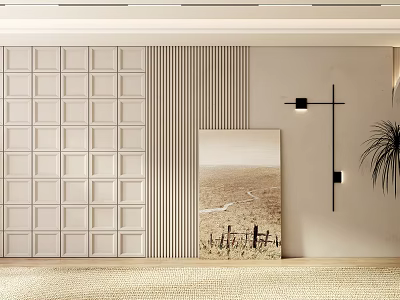 Modern Accent Wall In Living Room With Panels Slats Art Wall Lamp And Plant 3d model