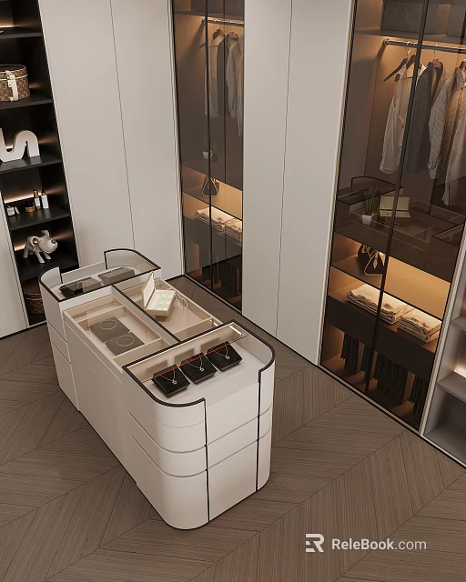 Modern Storage Space Interior With Glass Cabinets Drawers Lighting And Displayed Items 3d model 