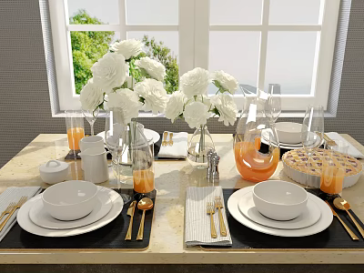 Elegant Dinnerware Set With White Flowers Glass Pitcher And Golden Cutlery On Table 3d model