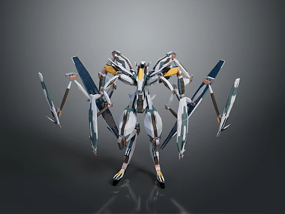 Sleek Futuristic Mechanical Robot With Multiple Limbs And Blue White Wings 3d model