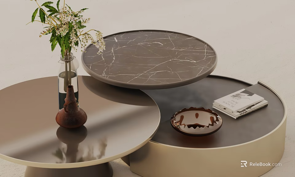 Modern Sofa Coffee Table Set with Round Marble Top and Decorative Vase Magazines 3d model