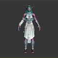 Mythical Game Movie Character With Teal Hair Pointed Ears And Ornate White Dress