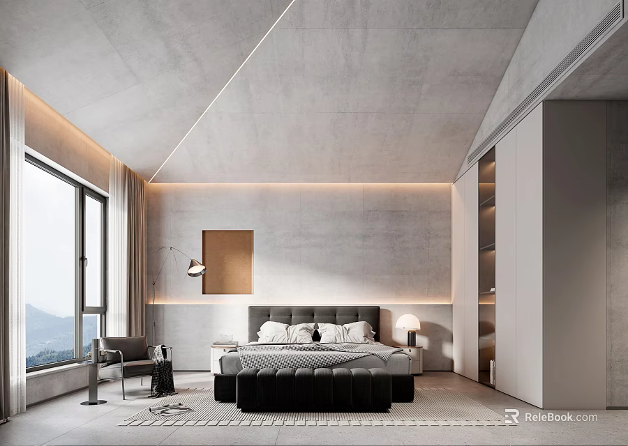 Modern Bedroom Interior With Concrete Walls Large Windows King Size Bed And Wardrobe 3d model 